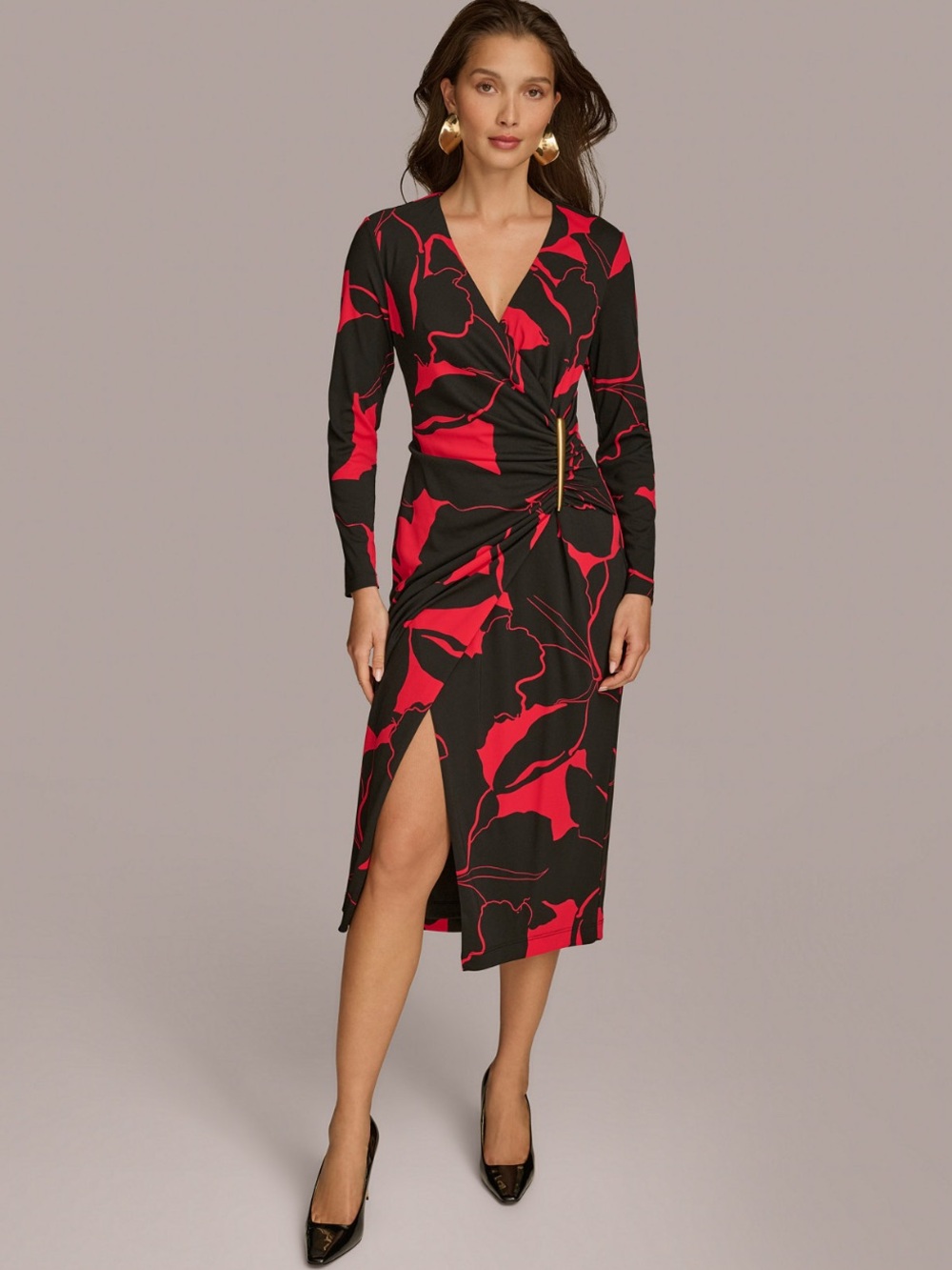 Donna Karan Black and Red Floral-Print Midi  Dress♥️♠️